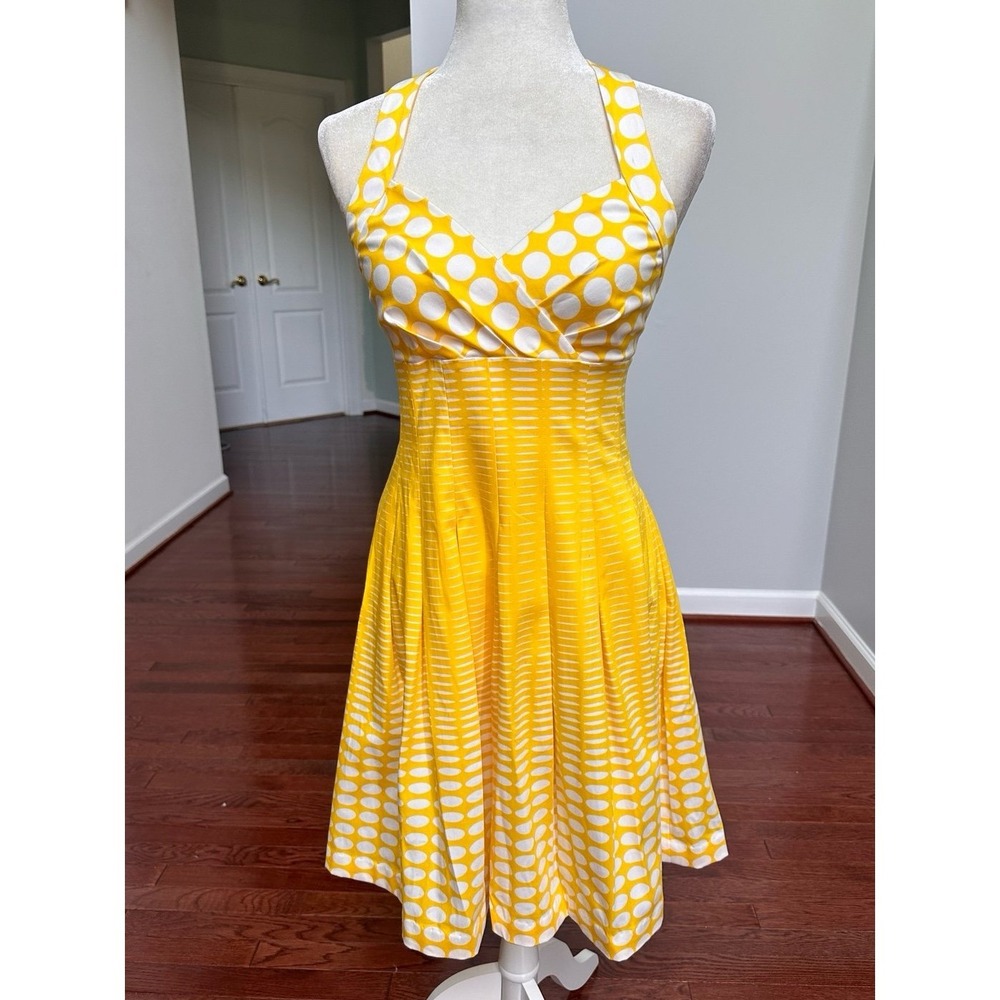 Vintage Y2K Yellow White Polka Dot Feminine Dress Summer Vacay Anthro Cotton - Picture 4 of 9
